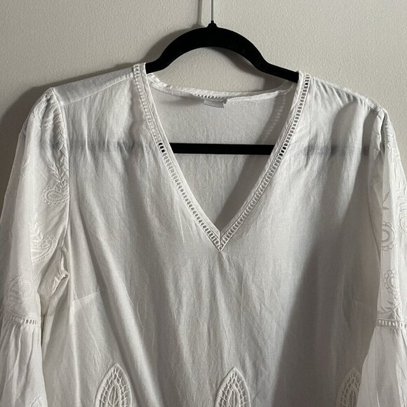 Chicos Sz 0 US 4/6 White Cotton V-Neck Bell Sleeves Embroidered Lace Cutout Top - Picture 6 of 10